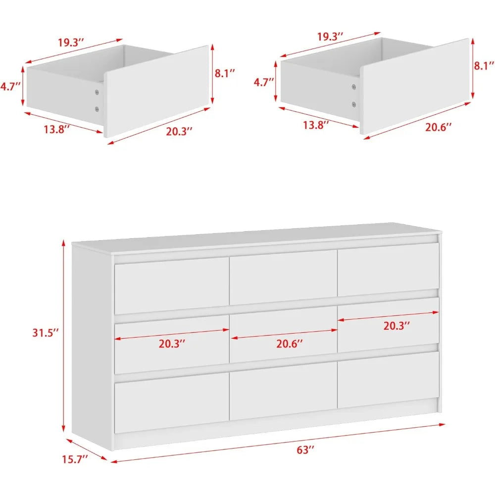 9 Drawer Dresser for Bedroom with Deep Drawers, Large Floor Wood Dressers & Chest of Drawers Handle Free,Dressers for Closet