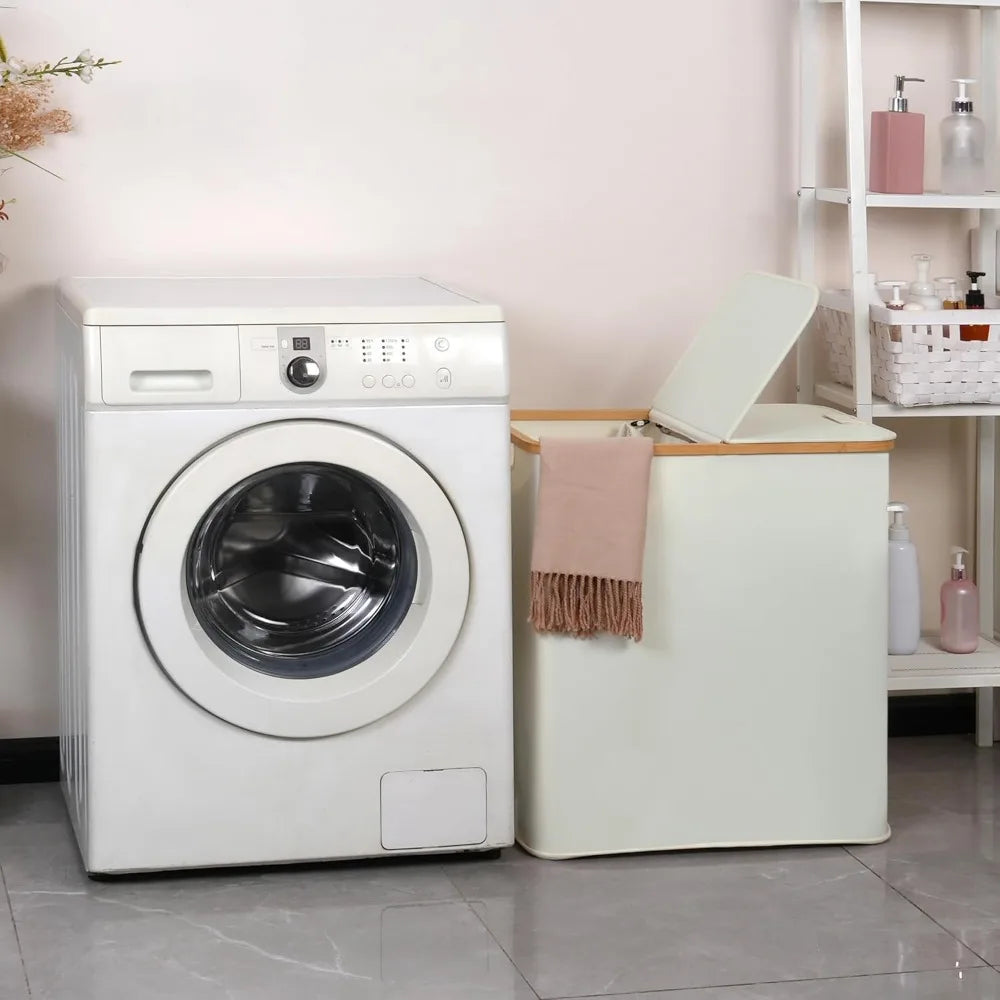Laundry Hamper with Lid, Double 2 Removable Bags, Section Basket Bamboo Handles for Bathroom, Bedroom & Room, 140L Beige