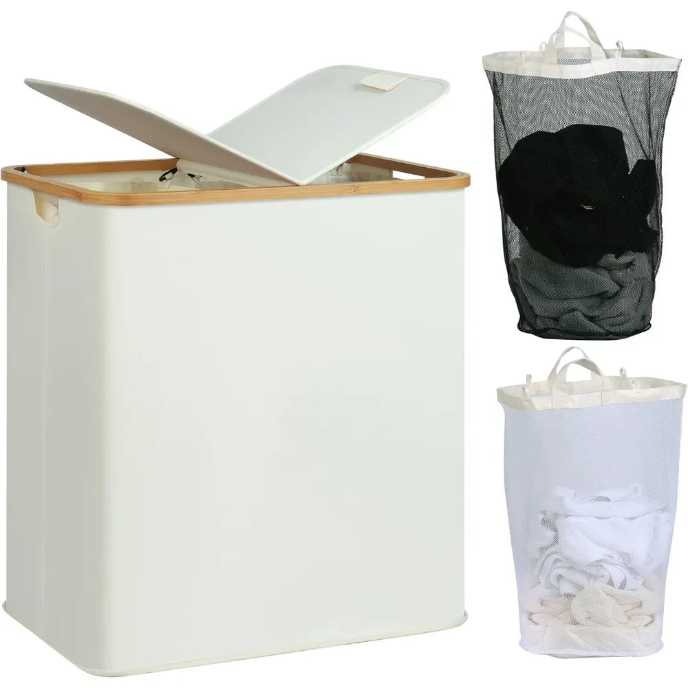 Laundry Hamper with Lid, Double 2 Removable Bags, Section Basket Bamboo Handles for Bathroom, Bedroom & Room, 140L  Beige