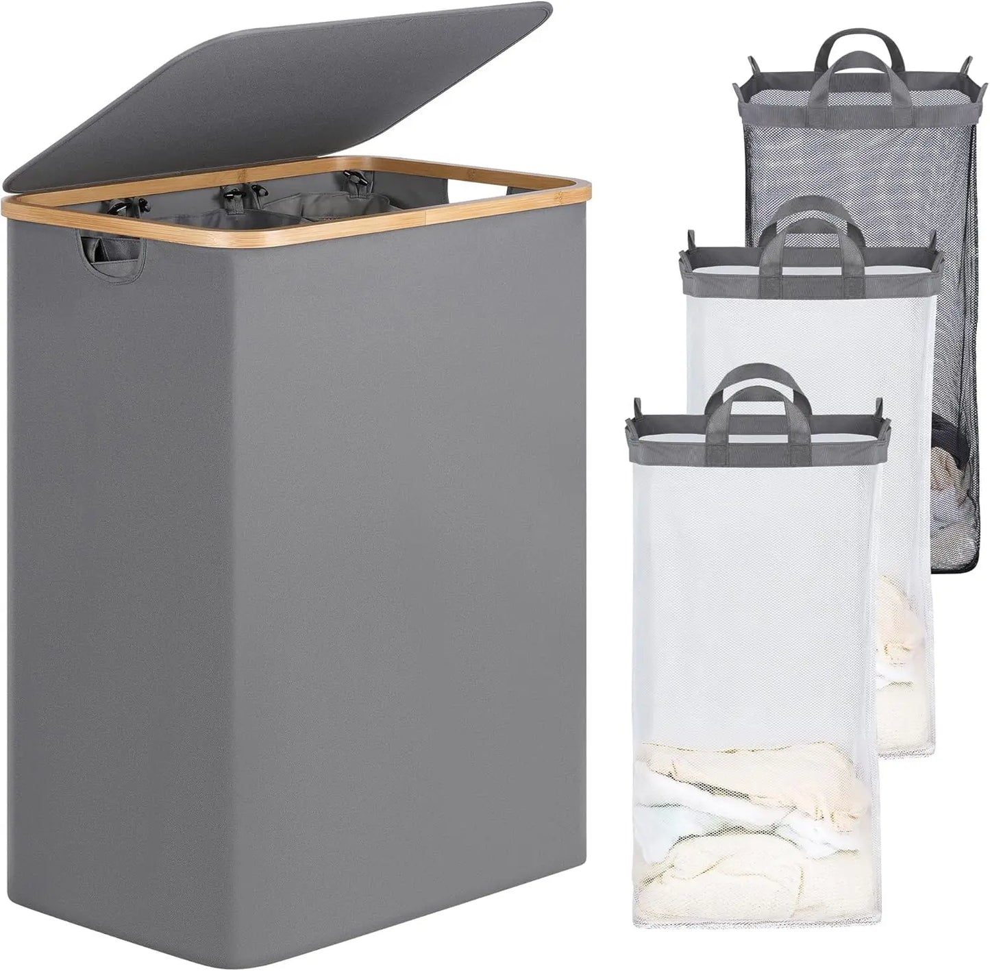 Laundry Hamper with Lid, Double 2 Removable Bags, Section Basket Bamboo Handles for Bathroom, Bedroom & Room, 140L  Beige