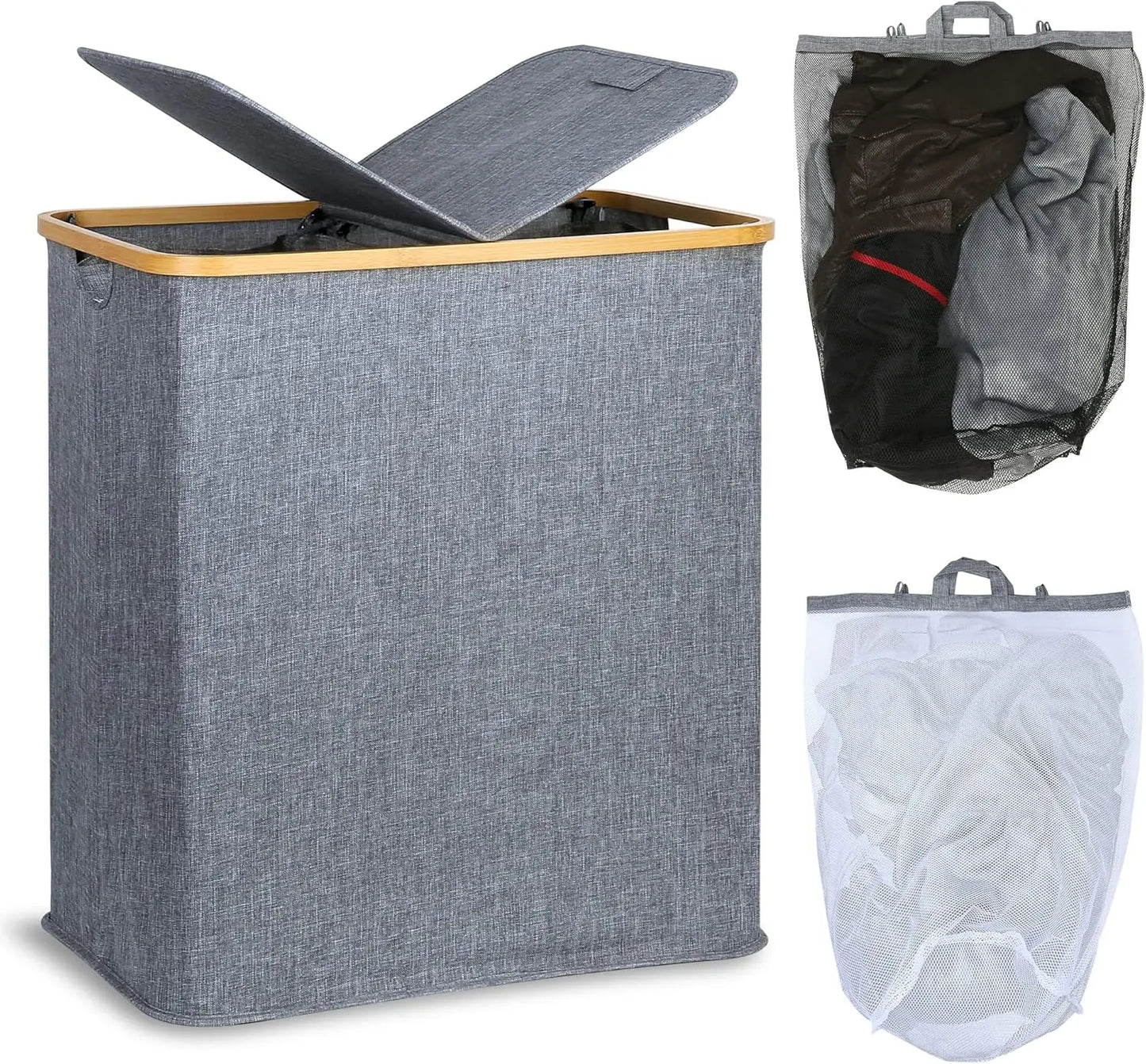 Laundry Hamper with Lid, Double 2 Removable Bags, Section Basket Bamboo Handles for Bathroom, Bedroom & Room, 140L  Beige