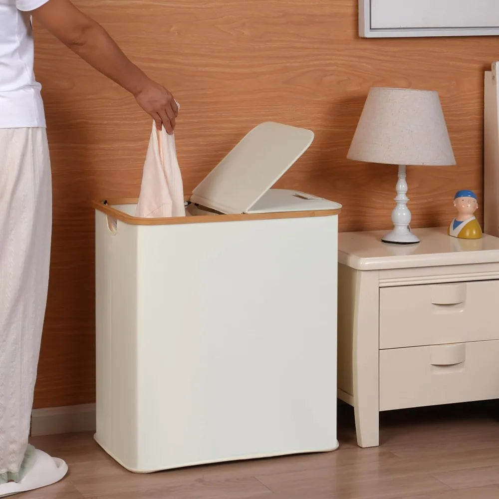 Laundry Hamper with Lid, Double 2 Removable Bags, Section Basket Bamboo Handles for Bathroom, Bedroom & Room, 140L  Beige