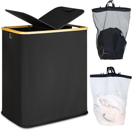 Laundry Hamper with Lid, Double 2 Removable Bags, Section Basket Bamboo Handles for Bathroom, Bedroom & Room, 140L  Beige