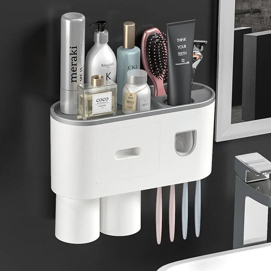 Magnetic Adsorption Inverted Toothbrush Holder Double Automatic Toothpaste Squeezer Dispenser Storage Rack Bathroom Accessories