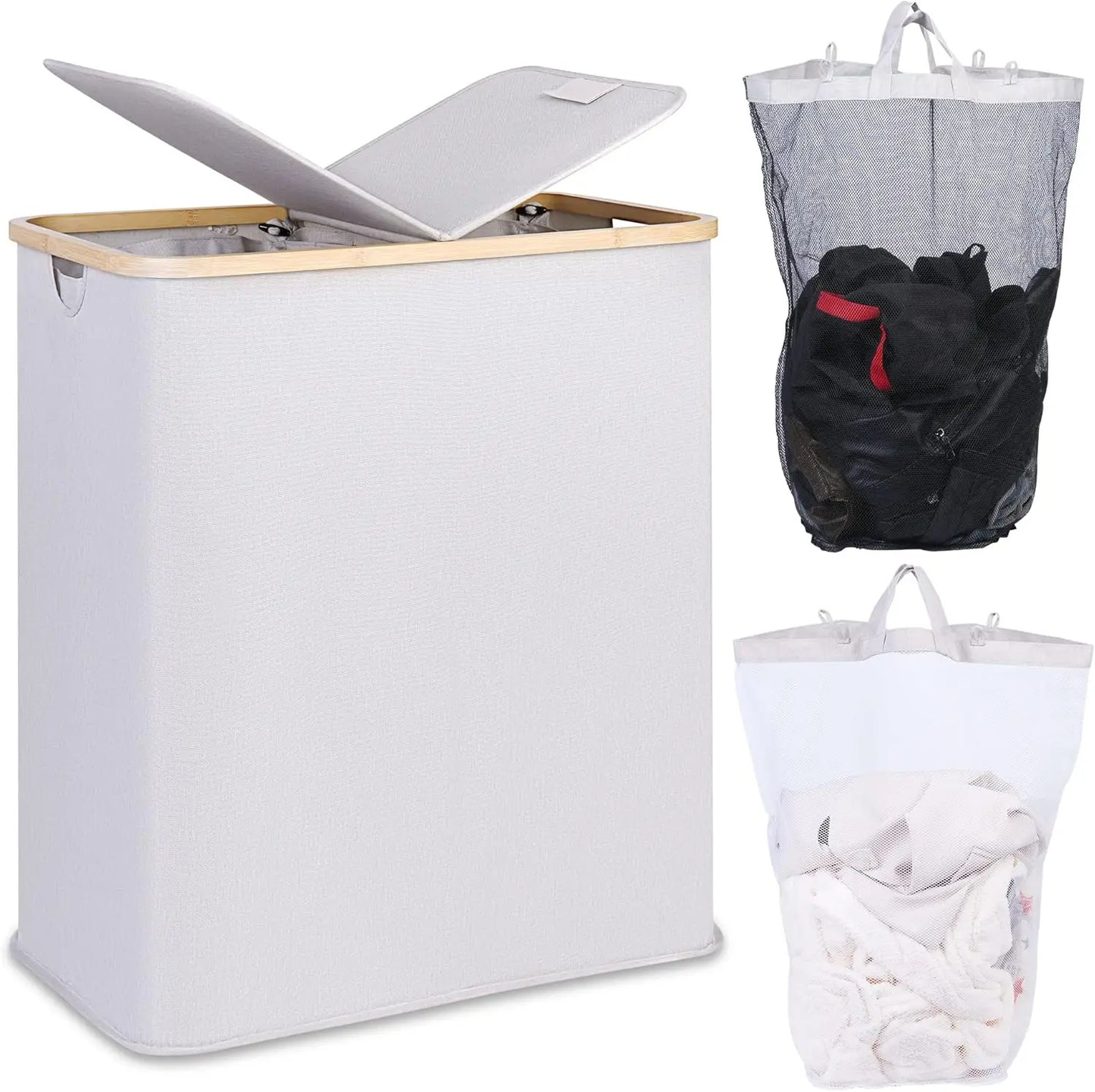 Laundry Hamper with Lid, Double 2 Removable Bags, Section Basket Bamboo Handles for Bathroom, Bedroom & Room, 140L  Beige