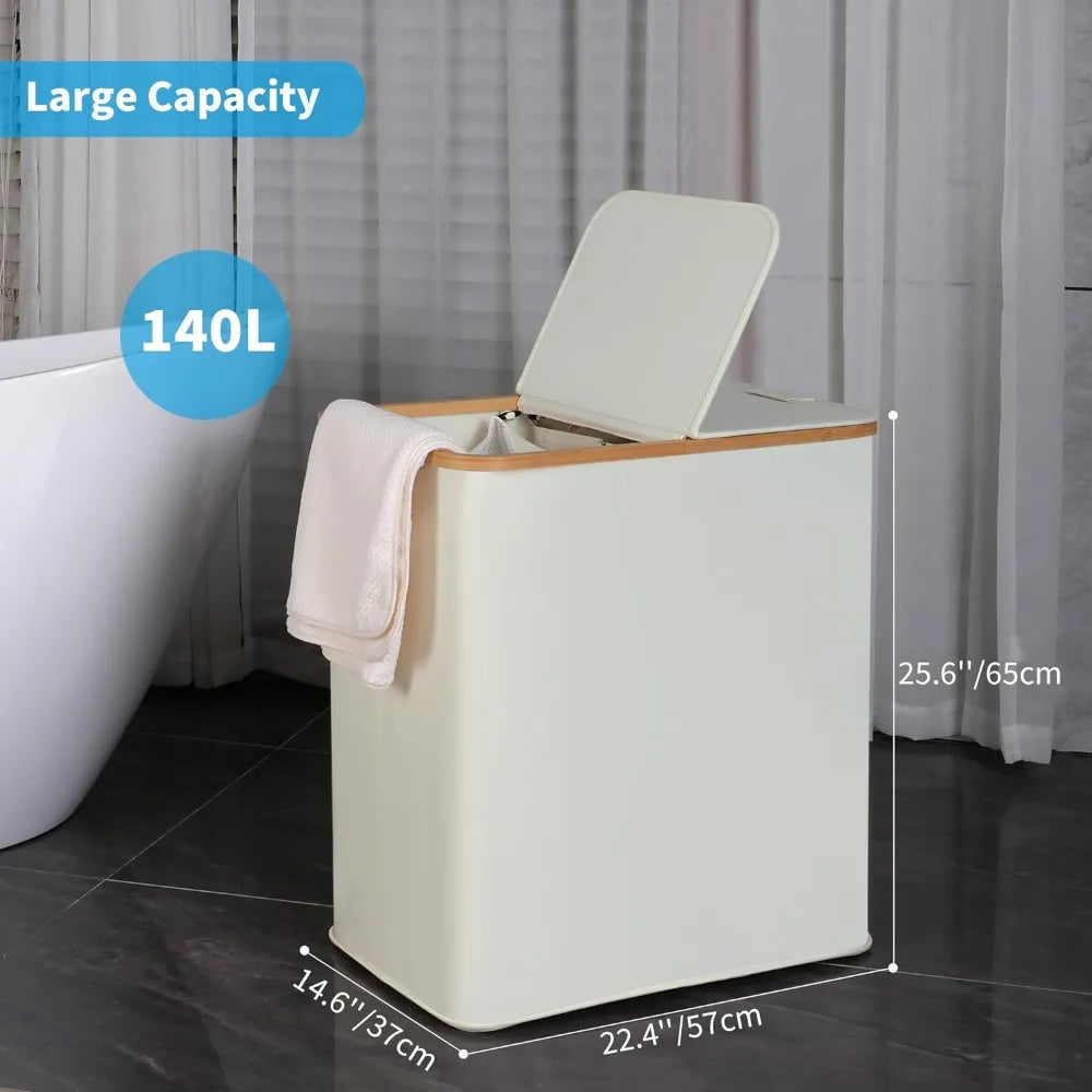 Laundry Hamper with Lid, Double 2 Removable Bags, Section Basket Bamboo Handles for Bathroom, Bedroom & Room, 140L  Beige