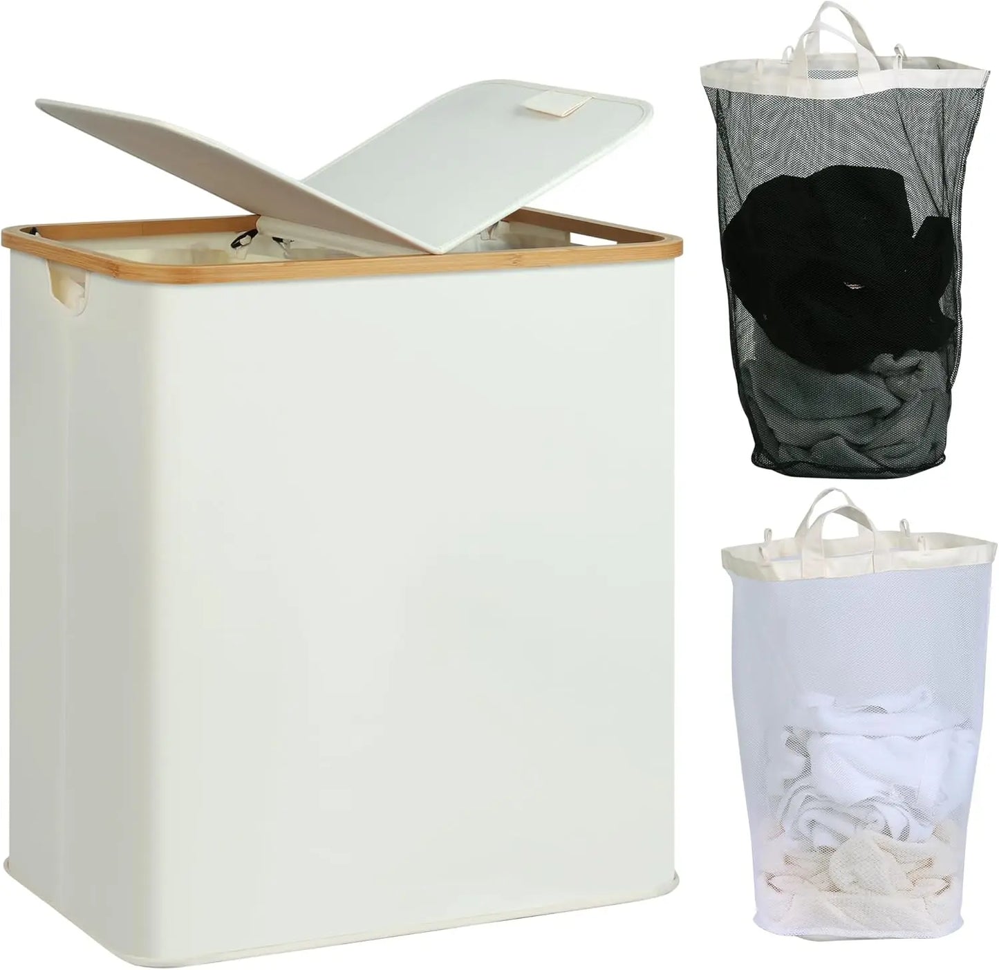 Laundry Hamper with Lid, Double 2 Removable Bags, Section Basket Bamboo Handles for Bathroom, Bedroom & Room, 140L  Beige