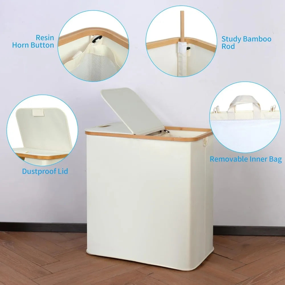 Laundry Hamper with Lid, Double 2 Removable Bags, Section Basket Bamboo Handles for Bathroom, Bedroom & Room, 140L  Beige
