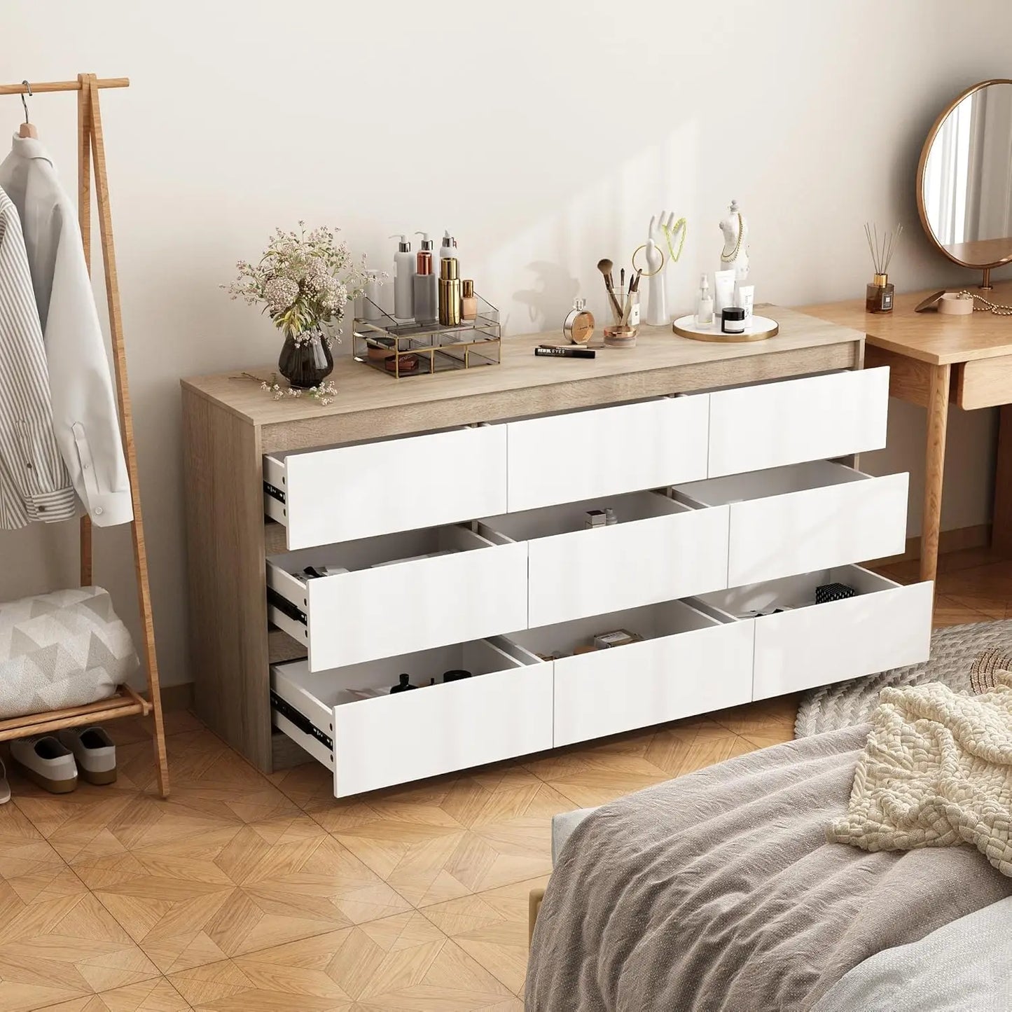 9 Drawer Dresser for Bedroom with Deep Drawers, Large Floor Wood Dressers & Chest of Drawers Handle Free,Dressers for Closet