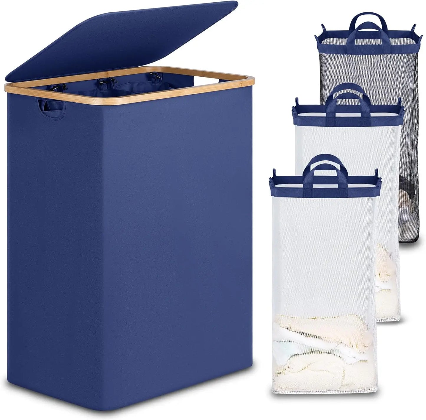Laundry Hamper with Lid, Double 2 Removable Bags, Section Basket Bamboo Handles for Bathroom, Bedroom & Room, 140L  Beige